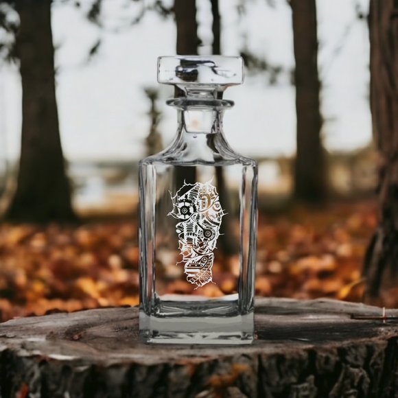 Locked, Stocked & Cocked Decanter - Groovy Guy Gifts Machine Decanter 26 Oz Bourbon Whisky Glass Gears Mechanics Customize NEW